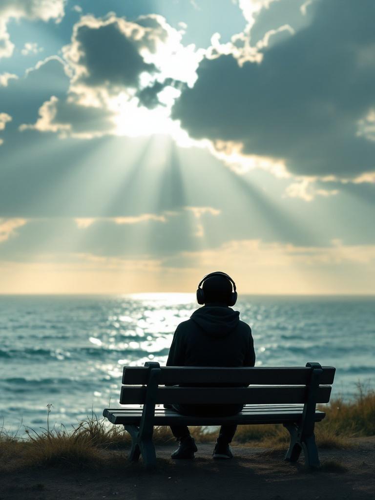 A black stick figure wearing headphones and a hoodie sits on a park bench and watches the ocean. The rays of sunshine subtly break through the clouds concealment
