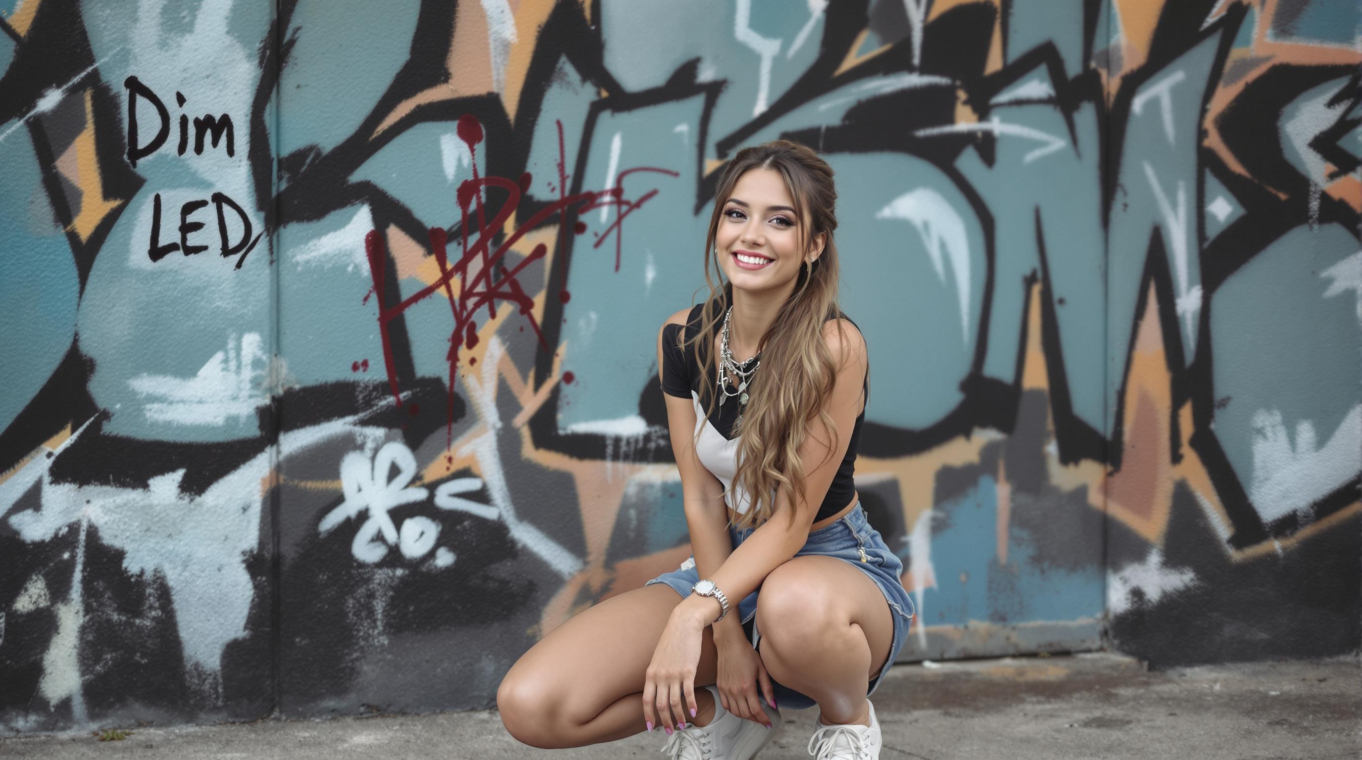 A beautiful woman squatting in front of a wall, wearing sneakers and a denim skirt with graffiti on it behind her, and "Dim LED" written next to it. She has long brown hair tied back into loose waves, wears silver jewelry around her neck and arms, and smiles at the camera. The photo was taken with a Canon EOS R5 by an influencer. --ar 3:4