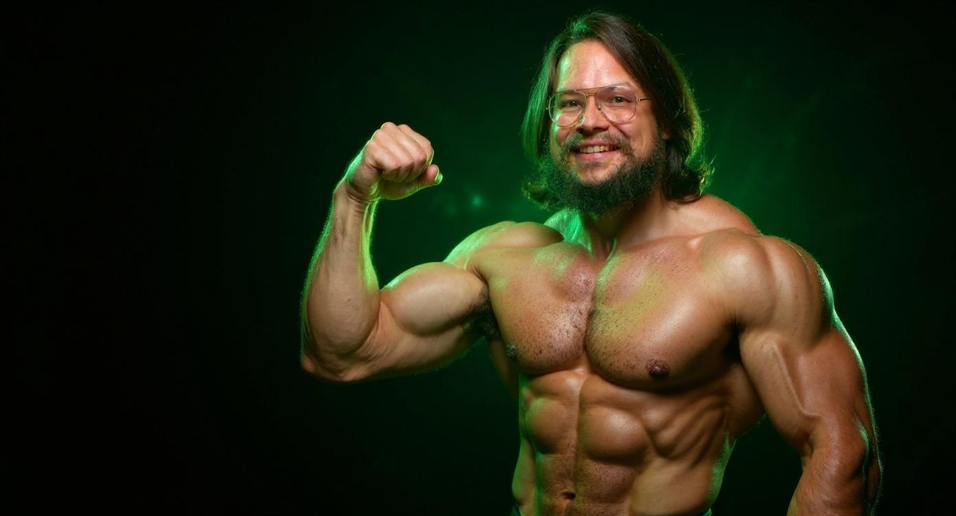 A muscular man positioned tightly in the right part of the frame, shown from the chest up, confidently flexing his bicep toward the viewer. He is shirtless, showcasing his defined physique, surrounded by a vibrant green glowing aura emanating softly from his body. The background is dark and minimalist, emphasizing the bright green light and making the man stand out prominently. The scene features sharp, high-contrast lighting that highlights his muscular definition and facial features. The composition is bold, dynamic, and designed as an eye-catching YouTube thumbnail.
