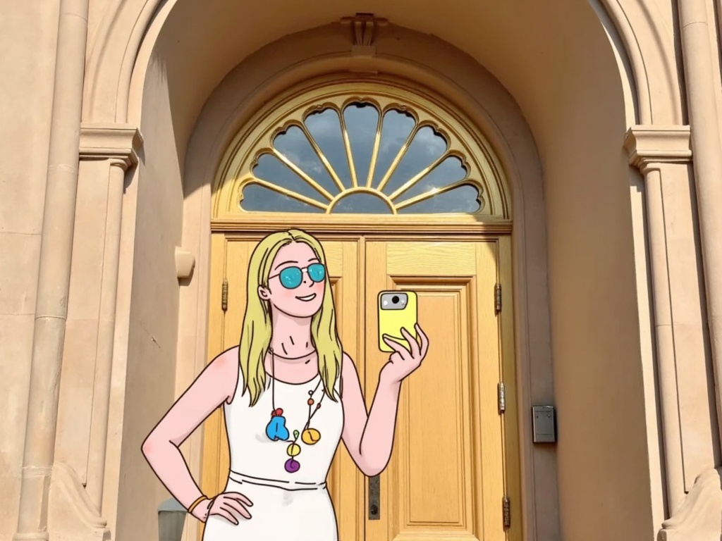 A cartoon-style blonde young woman wearing sunglasses stood in front of the triumphant door to take a selfie.
