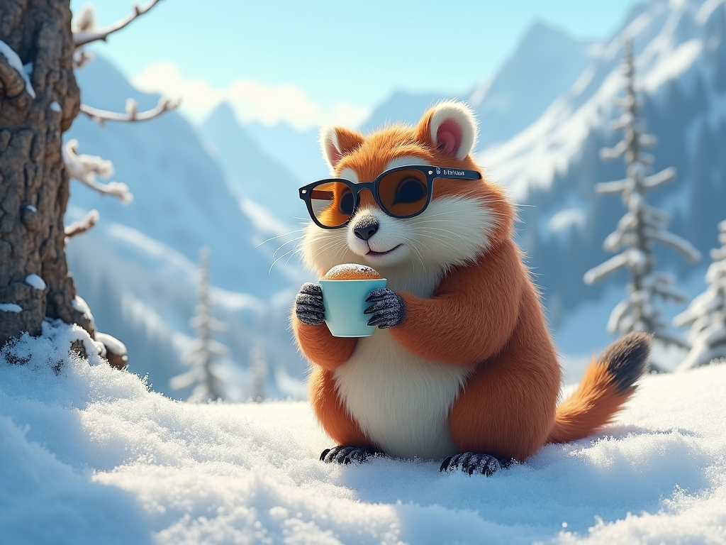 Je veux une marmotte qui boit un café et mange un spéculoos au milieu des montagnes enneigées. Envoie au milieu de la neige des zones de forêt et on devine des skieurs par endroit. La marmotte est de très bonne humeur et porte des lunettes de soleil. Le tout en style Pixar.
