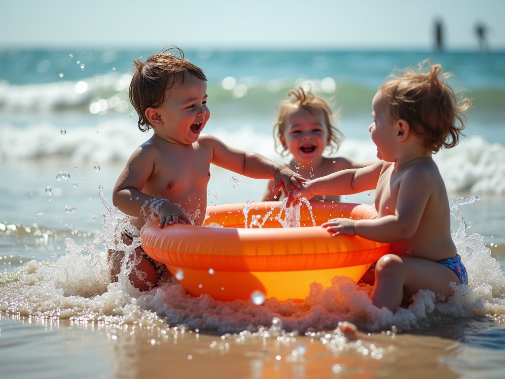 Specific: A group of chubby, giggling toddlers splash each other in a small inflatable pool on a sunny beach.The image was captured on a Canon EOS R5 at a 24-70mm f/2.8 focal length, highlighting the detailed textures and dramatic scene.