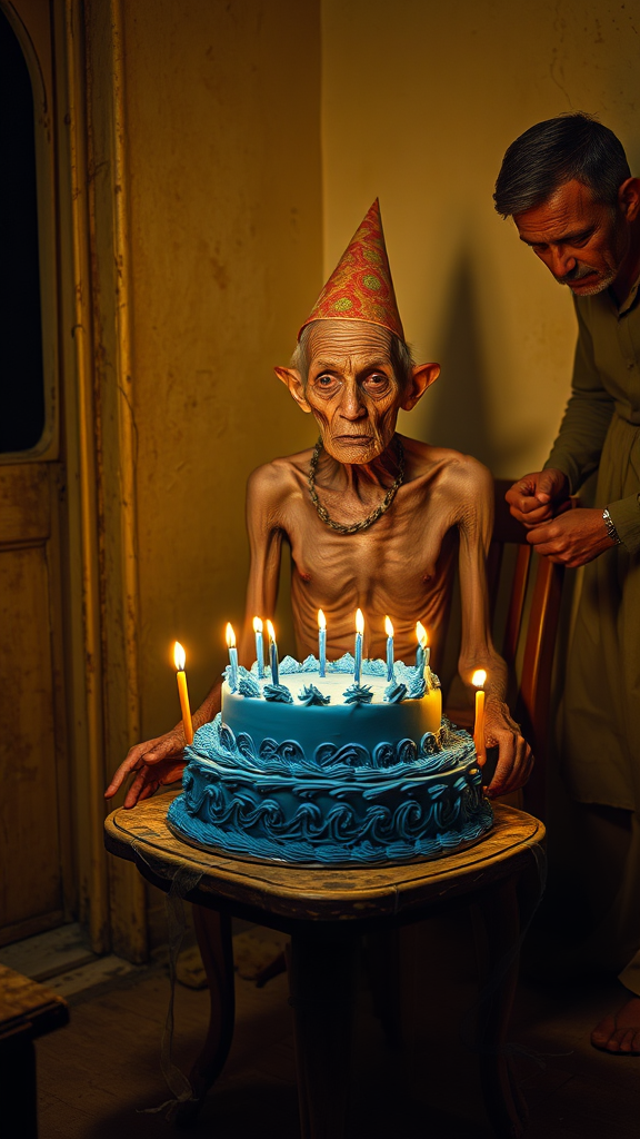 An extremely thin elderly man, with hunched shoulders and a frail, fragile appearance, sits on an old, worn-out chair in a dimly lit room, illuminated by the yellowish glow of candles on the table. His deeply wrinkled face, with thin, sagging skin and a weary expression, reflects a life filled with sorrow and hardship. He wears a crooked birthday hat, its festive look cruelly contrasting with his desolate expression. In front of him, on a small, worn table, rests a large, beautifully decorated blue birthday cake with lit candles casting flickering shadows on the walls. Beside him stands his son, glaring at him with an expression of anger, his fists clenched as if harboring deep resentment. The tension between them is palpable, adding a layer of unease to the scene. The surrounding environment is neglected, with signs of dirt, worn-out furniture, and peeling walls, reflecting abandonment and loneliness. The yellowish lighting creates a melancholic atmosphere, accentuating the shadows cast on the wall: the frail figure of the old man appears shrunken in his emptiness, while the tense presence of the son adds emotional weight to the scene.