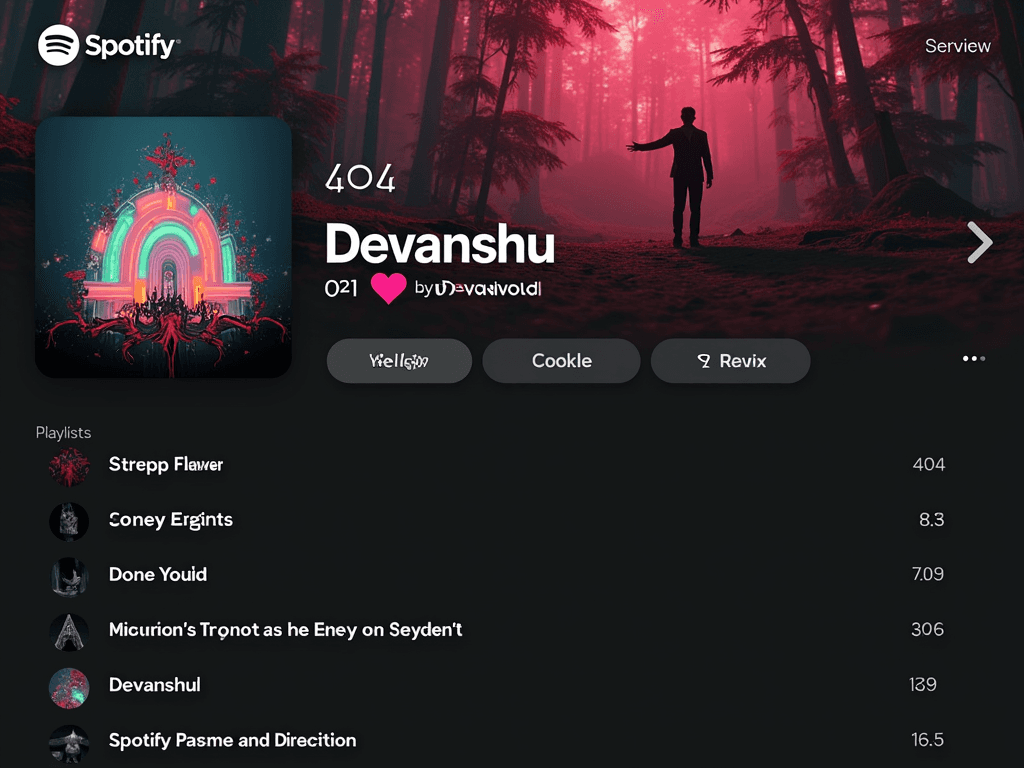 Image for a spotify playlist cover named 404 and it should also say "by Devanshu" and should have the song line bar