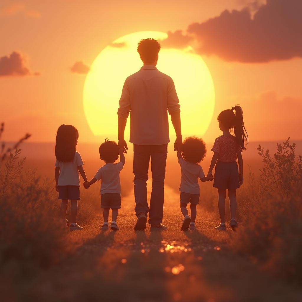 a-kind-man-and-children-silhouetted-b3xqmlnvvm