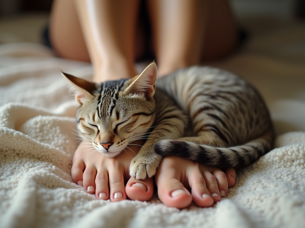 Create a realistic image of a cat sleeping peacefully between the bare feet of a woman. The scene should focus only on the cat and the woman's feet, showing the feet resting naturally with smooth skin and neatly groomed nails. The cat should be curled up comfortably, with soft fur and a relaxed posture. The setting should have a cozy, warm atmosphere, such as a soft rug or blanket beneath them. Use soft lighting to emphasize the serene and intimate mood. Exclude any other visible body parts or distractions.