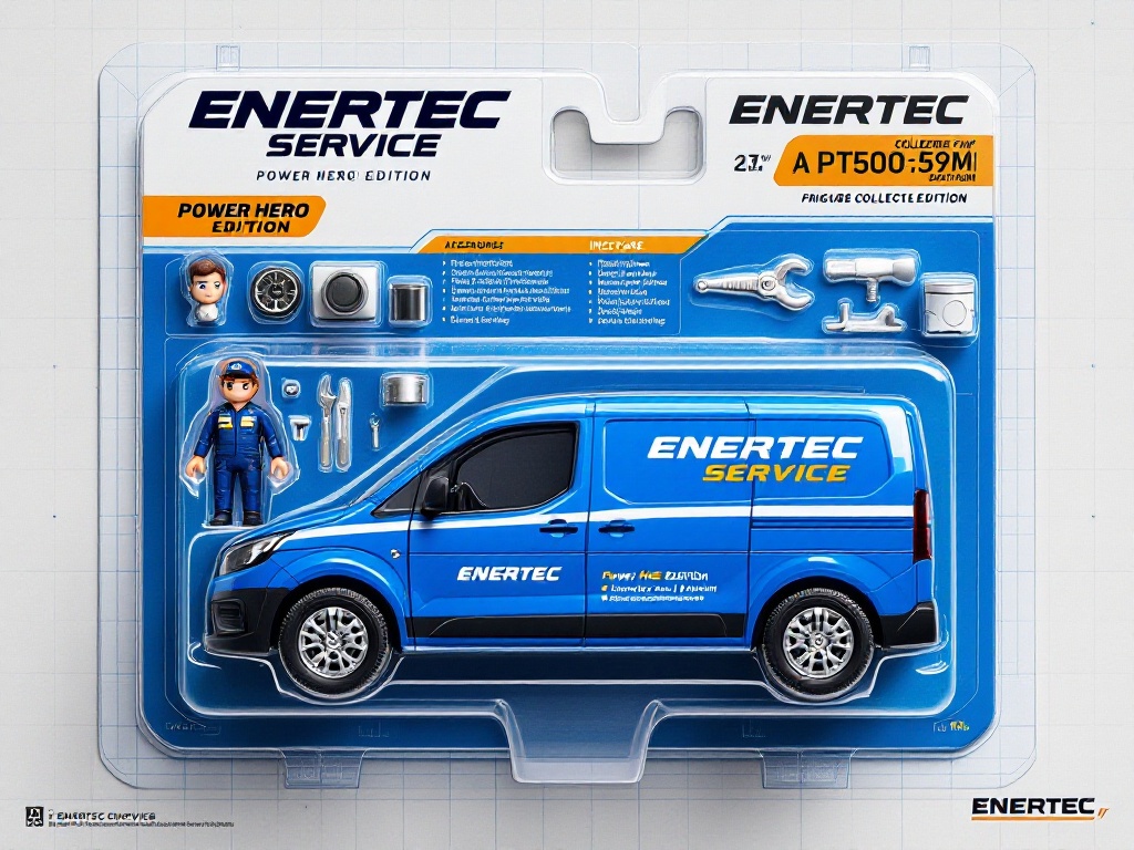Enertec Service car van to create a collectible toy of it in a blister pack, in the style like a premium collectible toy. The car should be in the center of the pack. The blister pack should have a header with the text ‘ENERTEC SERVICE’ in large letters and a subheading of ‘Power Hero Edition’ below it. Include accessories in compartments to the side of the figure: a mechanic figure in branded overalls with clear opened eyes, a laptop, a set of tools, a small piston model. Style: realistic toy packaging mockup, blue and white color scheme blueprint background.
