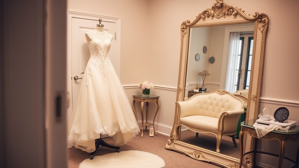 A bridal fitting room with a stunning wedding gown displayed on a mannequin. A full-length mirror reflects a beautifully arranged seating area with more bridal accessories.





