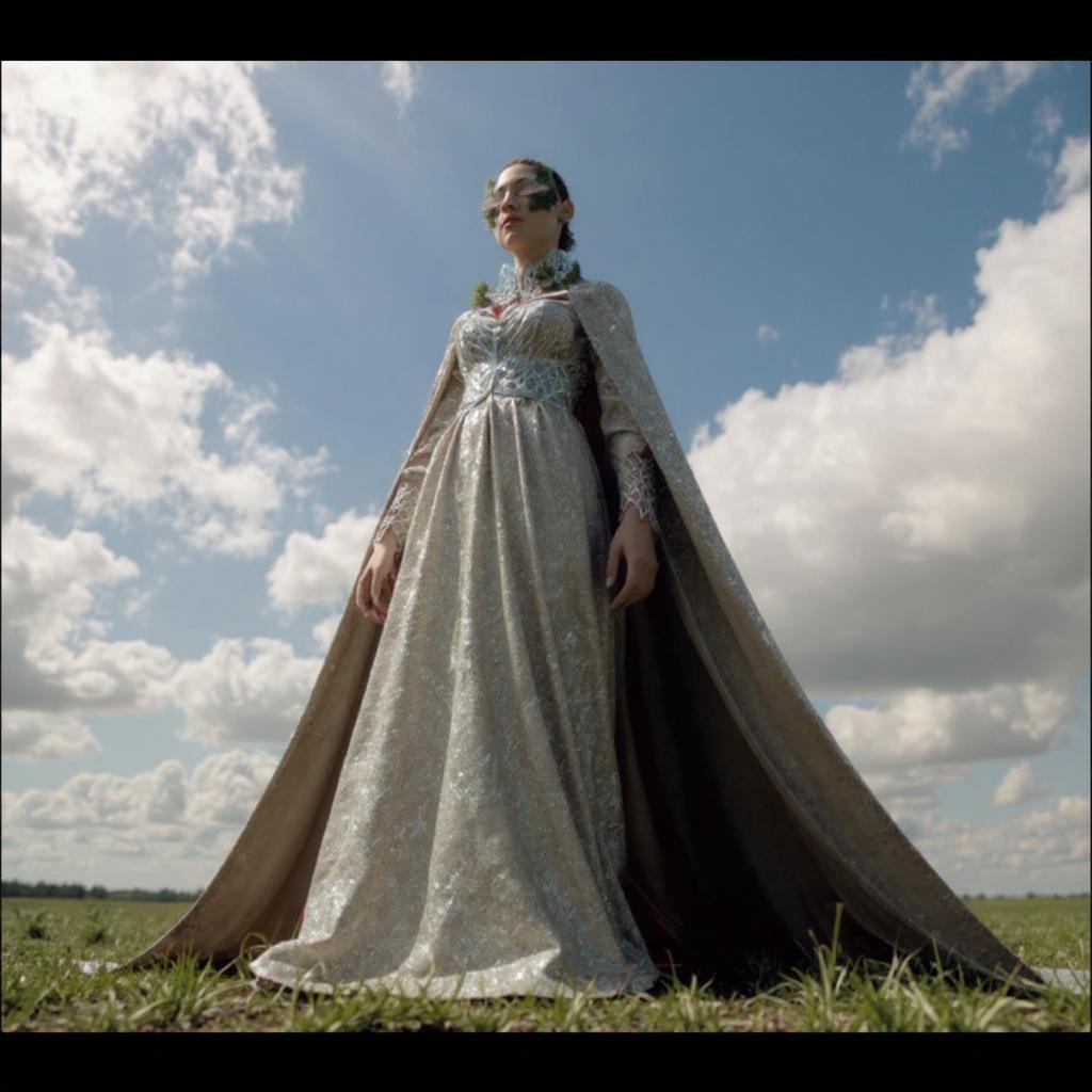 /imagine extreme low angle, camera placed on ground looking up, subject towering above, powerful stance, flowing cape or train, dramatic sky background with clouds, heroic perspective, wide-angle distortion, architectural fashion photography --ar 9:16 --style raw --stylize 400