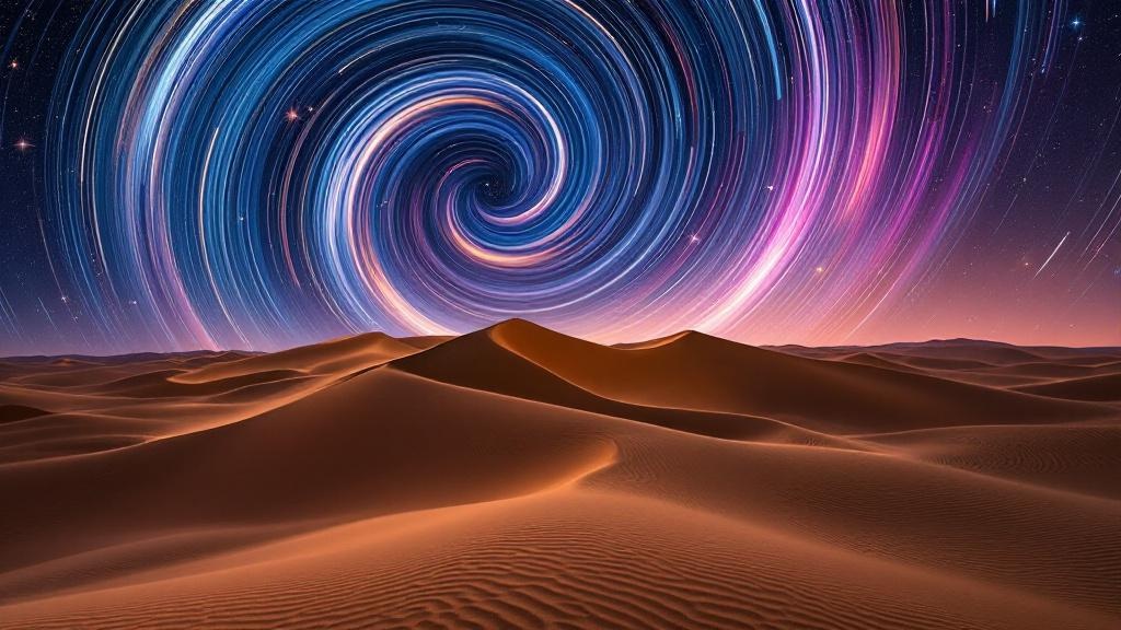 Make me a picture of dunes in front of swirling spinning, beautiful stars, with beautiful colors. Like it was captured in a movie.