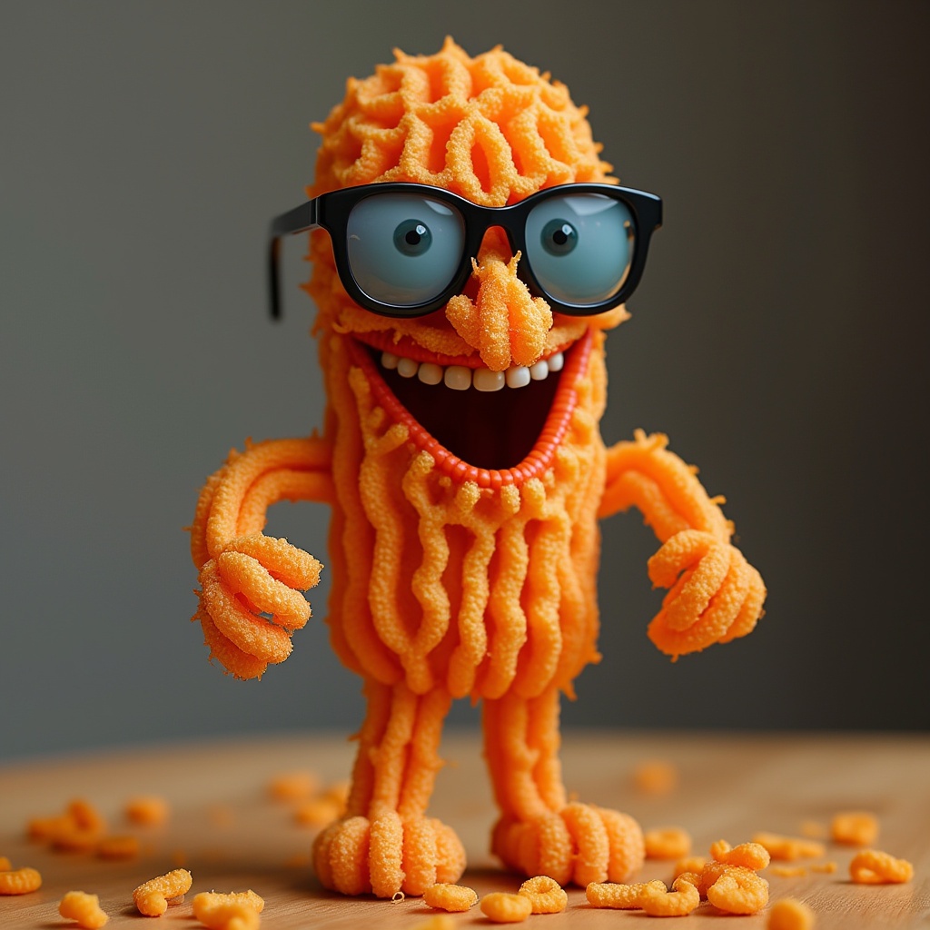 MAKE A CHEETOS STICK ANTHROPOMORPHIC CHEETOS AND ADD HANDS, GLASSES AND A COOL LOOK LIKE THE ORIGINAL