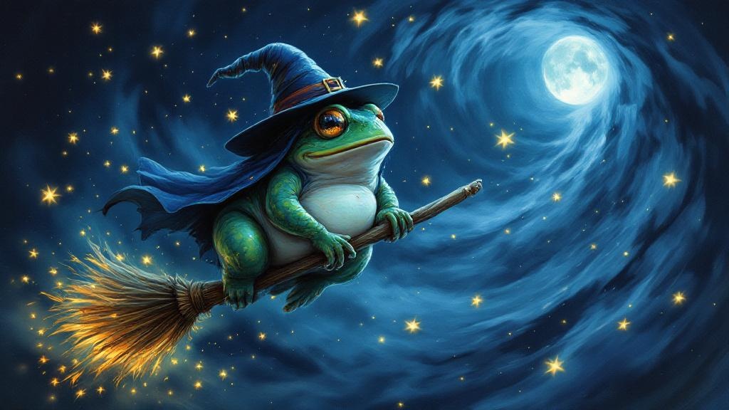 obese toad, wearing a witch's hat, skin glistening under a moonless night sky, rides a splintered broomstick amidst a swirling vortex of bioluminescent fireflies; a silly style