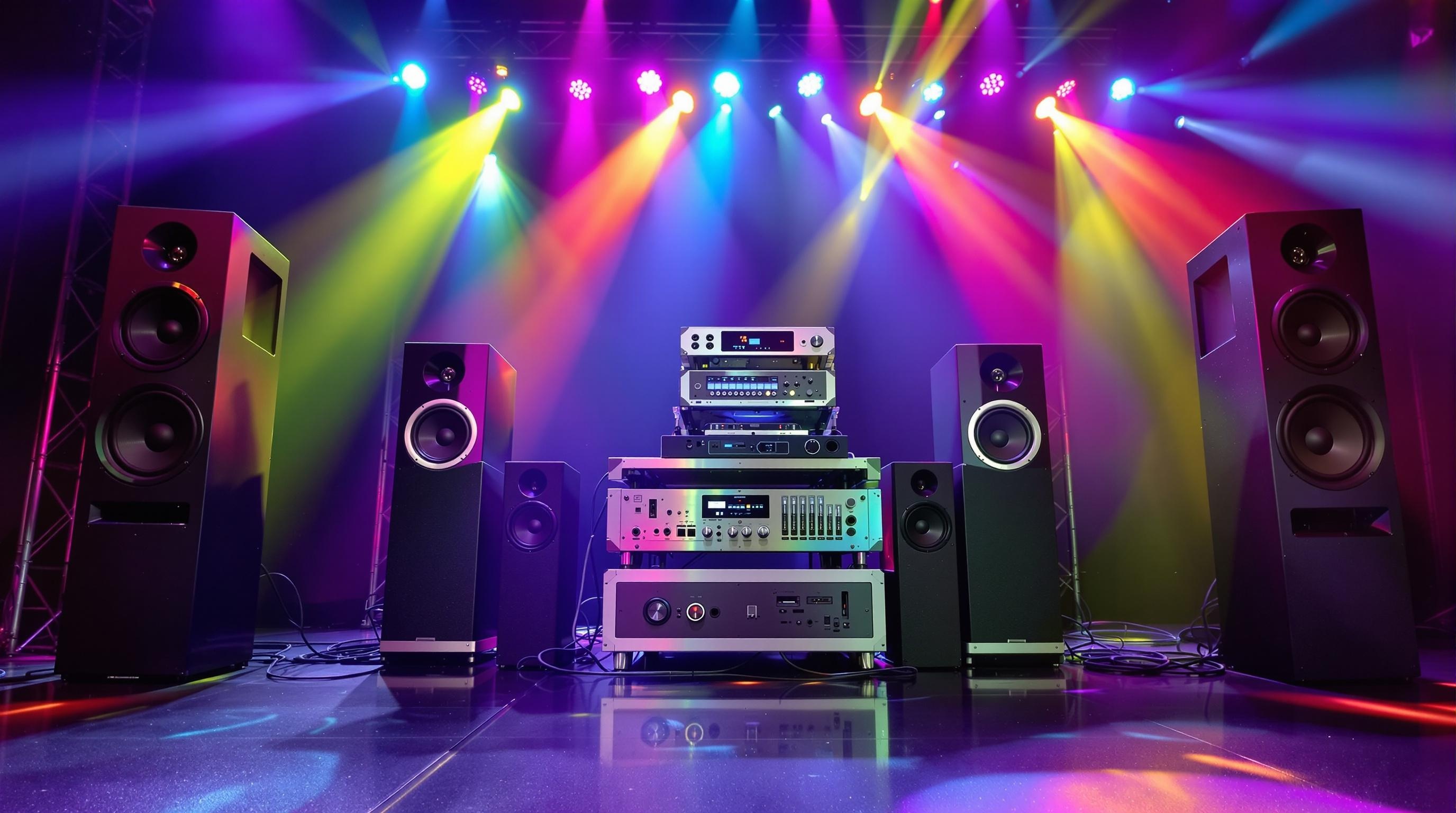A sleek, modern sound system setup dominates a vibrant event stage, featuring polished black speakers, gleaming silver amplifiers, and a sophisticated mixer. Colorful stage lights cast dynamic shadows, creating an energetic atmosphere,
