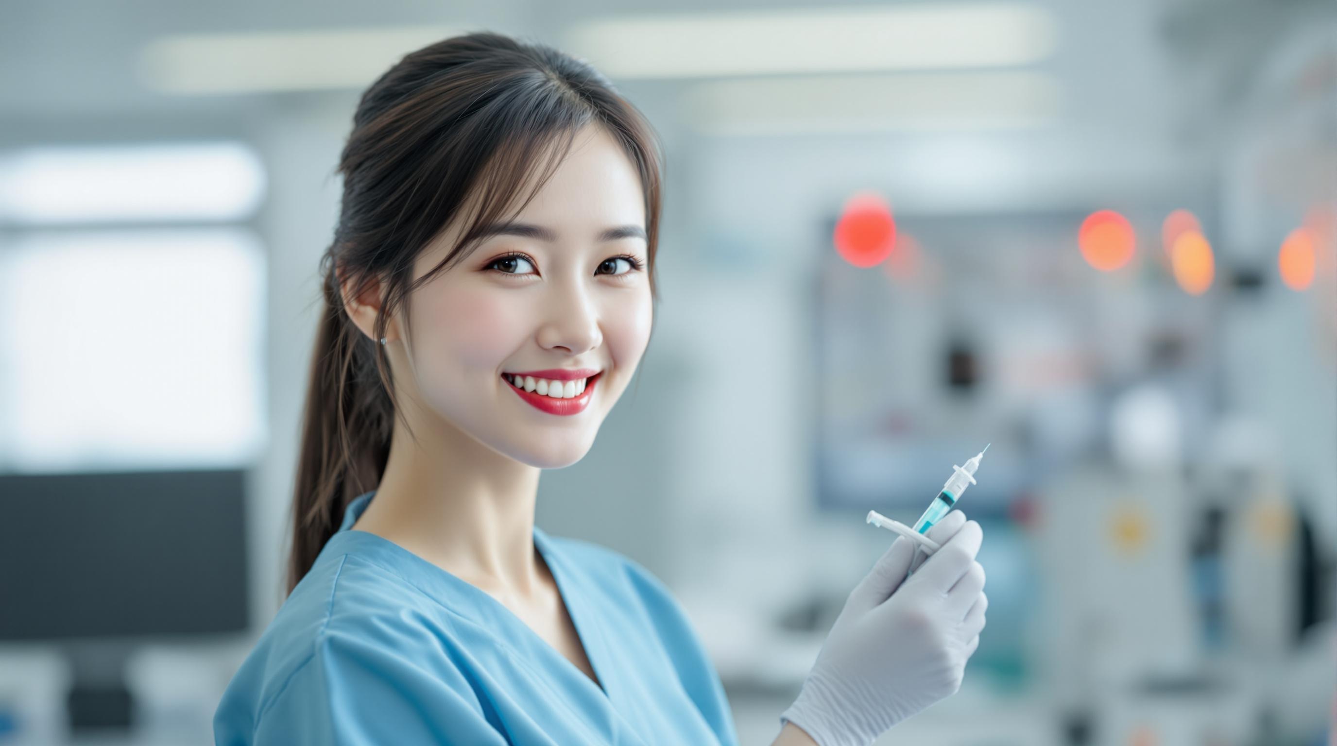 a beautiful chinese nurse smiles at the camera, holding injector in hand