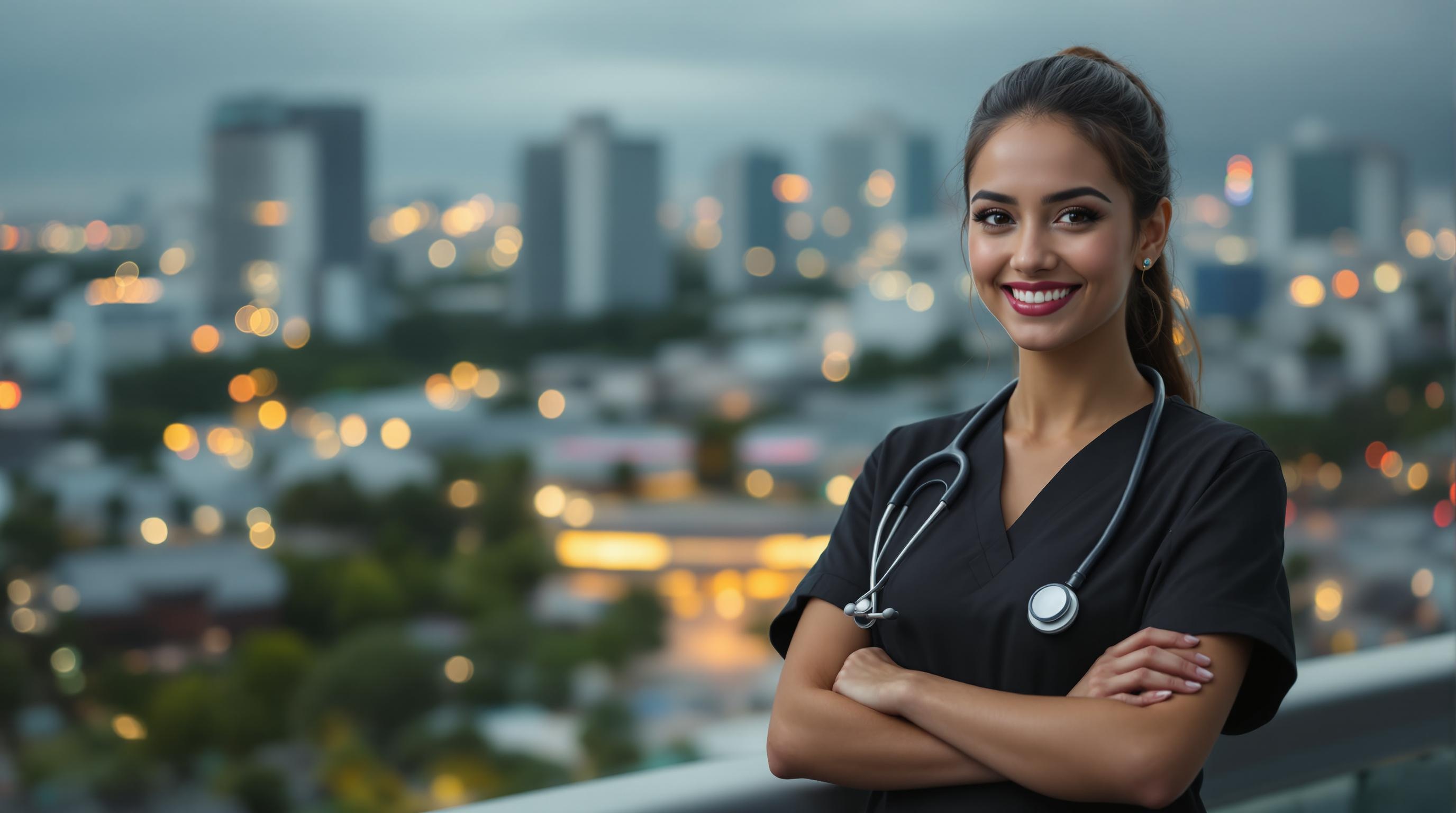 Professional cover photo, cinematic style: A nursing student wearing a sophisticated and modern black uniform, with a stethoscope. She is Brazilian, has a cheerful expression, looking directly at the camera with confidence. In the background, a disruptive university campus, reminiscent of an American university hospital, is slightly out of focus. The image should evoke disruption and modernity, making it a powerful and inspiring cover for a guide on advanced study techniques for public exams.
