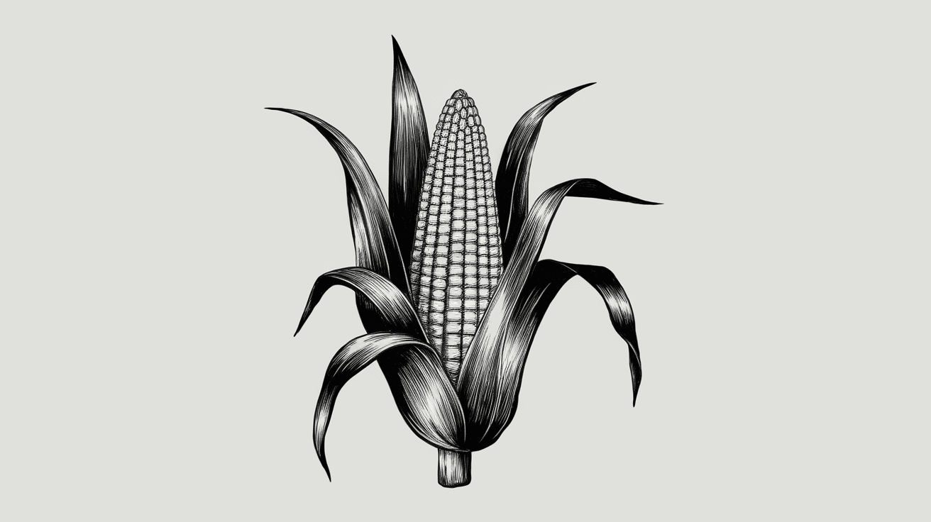Artistic bold Black ink brushes drawing of corn in a white background