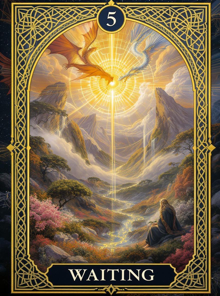 Painted, edge-to-edge fantasy oracle card—background fills the entire card with no white space or transparency. Overlay a crisp, ornate Celtic knotwork border in luminous gold (#FFD700) that floats inside the frame: the border is inset, leaving a subtle margin of image visible around all edges. The inner border appears crisp and distinct, not flush with the card’s edge, creating a spacious, elegant inner frame. Title “WAITING” in 18pt elegant serif font, centered at the bottom with padding above the border. At the top, a golden arch contains “5” in 14pt serif font, centered and padded below the border. The whole composition remains mystical and harmonious, with figures, dragons, and scenery filling the background to every edge, yet the border design sits gently inside—never touching the very outer limit of the card.