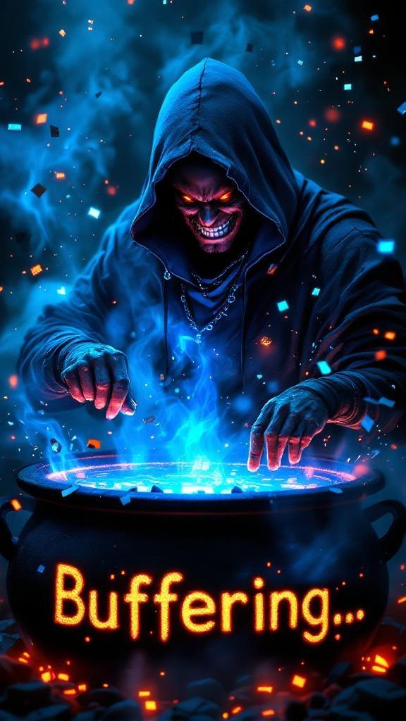 "Show the hooded figure stirring a massive black cauldron filled with glowing, corrupted data stew. Bits of code, error messages, and tiny broken screens float like ingredients. The blue energy from his chest radiates into the cauldron, making the stew bubble violently with neon light. He grimaces with dark amusement, as if cooking the perfect recipe for roasting someone. Style: hyper-realistic, cinematic, gritty, with glowing steam forming words like ‘Buffering…’ above the cauldron."