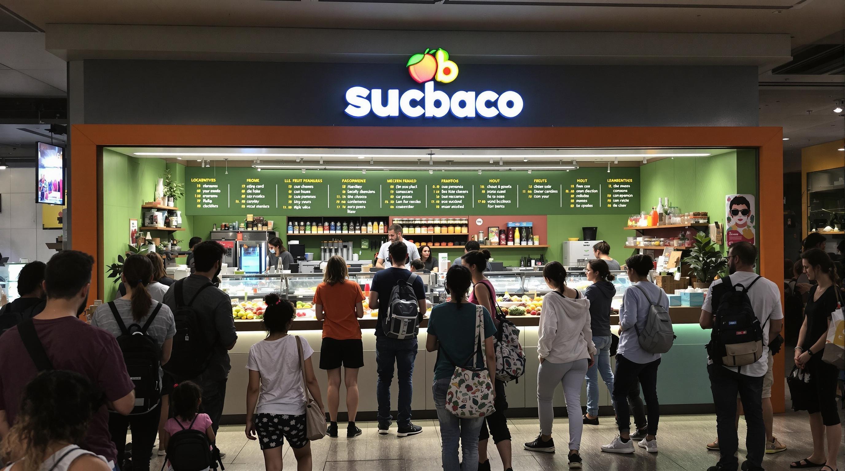 Loja de sucos muito moderna nas cores laranja e verde com muitas pessoas querendo entrar
Loja mais compacta com o nome de suco bagaço 
Muitas frutas penduras 
Os atendentes estão totalmente sem roupas, pelados