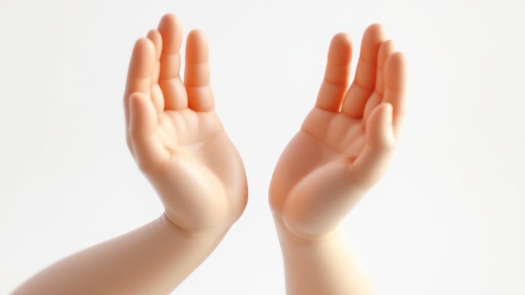 A pair of toy-like hands, palms together, frozen mid-clap against a stark white background; 3D-rendered, hyperrealistic, smooth plastic texture, soft lighting, conveying a sense of playful finality, reminiscent of vintage children's toys, detailed to the fingertips, a subtle sense of arrested motion, palms clasped
