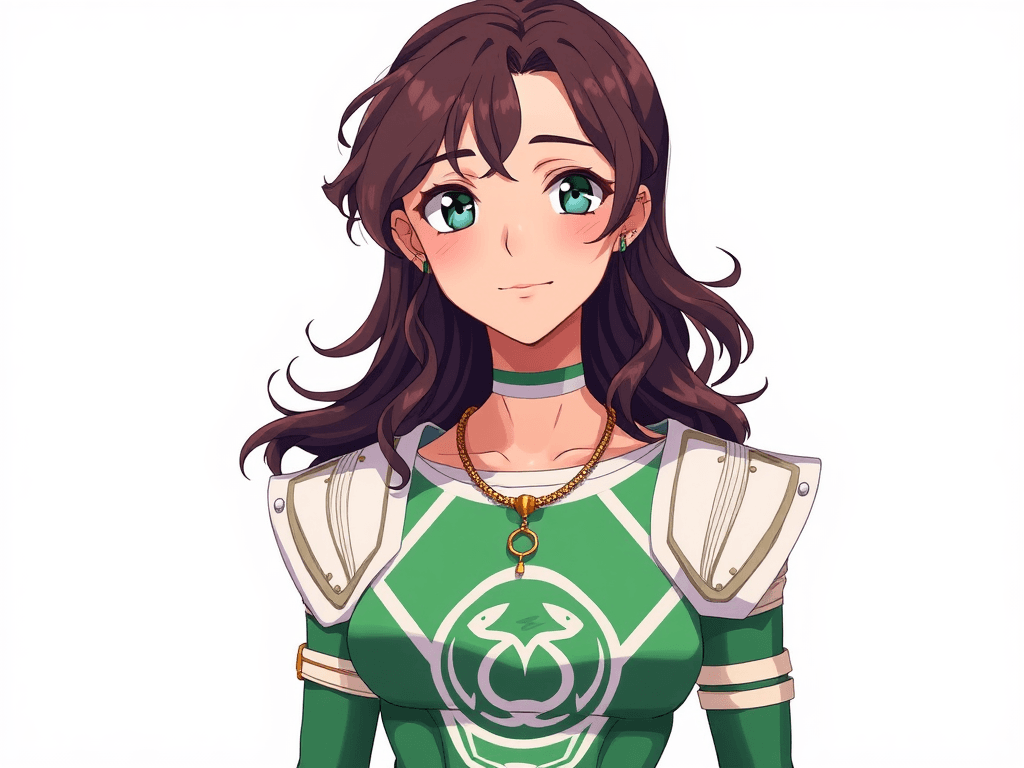Nami has a delicate appearance, with fair skin, wavy dark brown hair and bright green eyes. Short in stature and serene in appearance, she exudes a warm presence. She dresses in pastel and boho-style clothes, complementing them with necklaces and bracelets that bring a mystical and artistic air to her intuitive and sensitive personality. Now she is wearing a power ranger outfit, in emerald green color, with white shoulder pads, symbol of the constellation of Cancer on the chest and without a helmet. White background Anime. CLAMP style