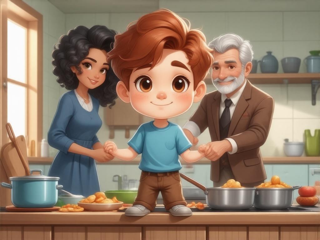 a cartoon image showing a young redhead boy, he has wavy hair, brown eyes, wearing blue tshirt, brown trousers, his mom has black curly hair, her eyes are green, she is wearing blue dress, she is cooking in the kitchen,  his dad has grey hair, his eyes are brown, he is wearing brown suit is helping her