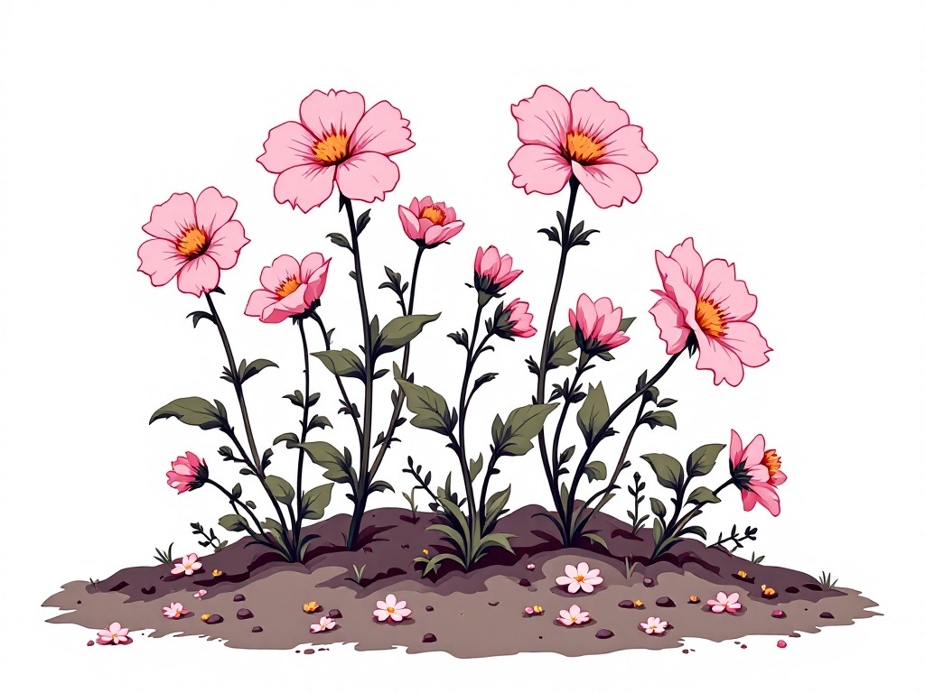Flowers planted in the ground, evening campion , full body, cute 2D illustration, outlined cartoon, white background