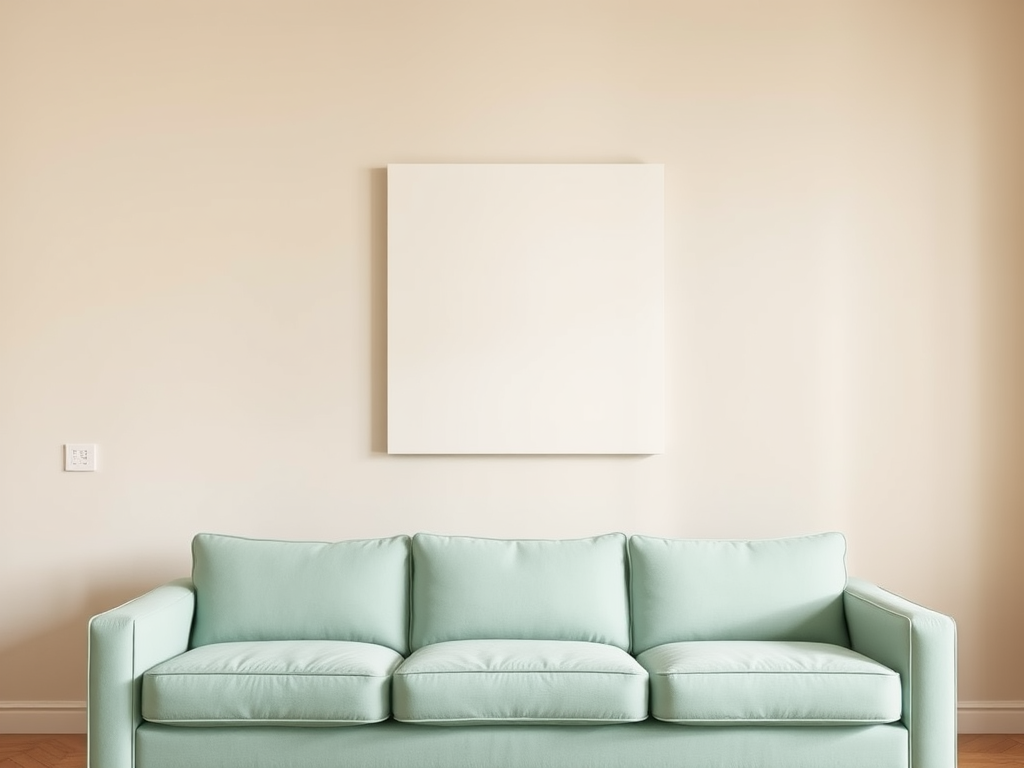 The wall of the house is light beige with a square panel on the wall, and at the bottom is a mint green sofa in a frontal view.