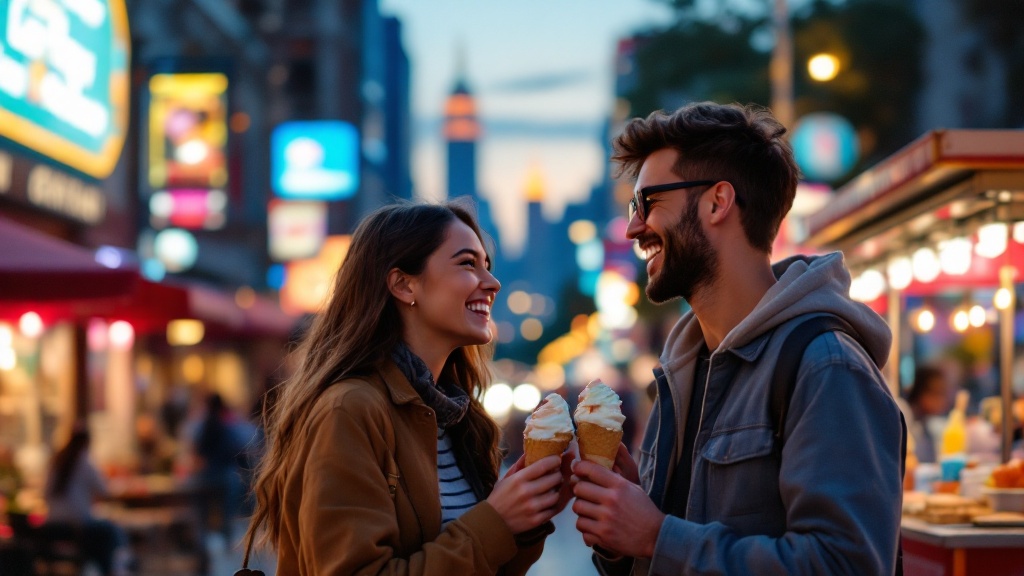 A lively city street at twilight with colorful lights and bustling energy. A young couple laughs together, sharing ice cream by a street vendor. They look carefree and happy, with the city skyline glowing in the background.