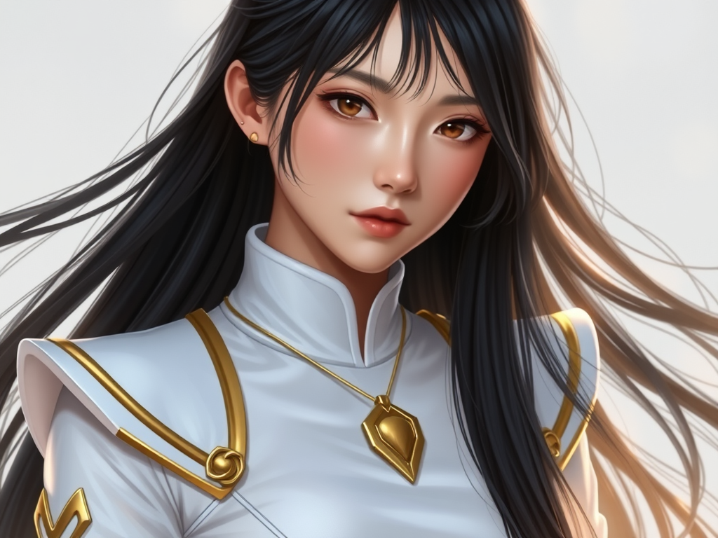 Yuka is a woman who is 1.65m tall, with fair skin and long, straight, black hair that reaches halfway down her back. Her eyes are dark brown, and her expression often reveals a mix of wisdom and seriousness. She dresses practically, preferring comfortable clothes, such as jeans and t-shirts, but always with a touch of simple elegance, such as a necklace with a cup pendant, symbolizing her connection to the constellation she now carries.
Upon being freed from the Seed of Darkness, the energy she exudes is immense, and her transformation is not long in manifesting itself. In her new form as a warrior, her connection to the Crater constellation becomes evident. Her powers, linked to the strength of water and precision, allow her to manipulate liquids with great dexterity. Her ability to control is profound, representing not only the fluidity of water, but also the resilience of someone who has the power to adapt to any situation without losing her essence.
Now she is wearing a power ranger outfit, in White with gold details in the shape of a cup, with white shoulder pads, symbol of the constellation of Crater on the chest and without a helmet. 
White background. Anime. CLAMP style
