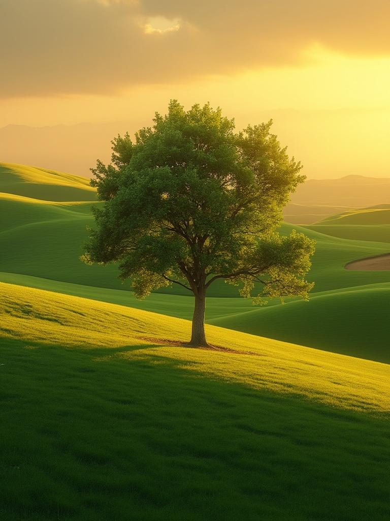 High-resolution, realistic photograph of a solitary tree standing on gently rolling green hills at sunset. Soft golden light creates long shadows and highlights the fine texture of the grass. The sky has warm yellow and golden tones with light cloud cover. The hills have a velvety, almost painterly texture, and the composition is calm, balanced, and symmetrical. The scene is reminiscent of Tuscany or the Palouse region.
Style: Ultra-realistic, cinematic lighting, serene atmosphere
Camera: DSLR, 85mm lens, f/2.8, ISO 100, shallow depth of field
Resolution: 4K or higher