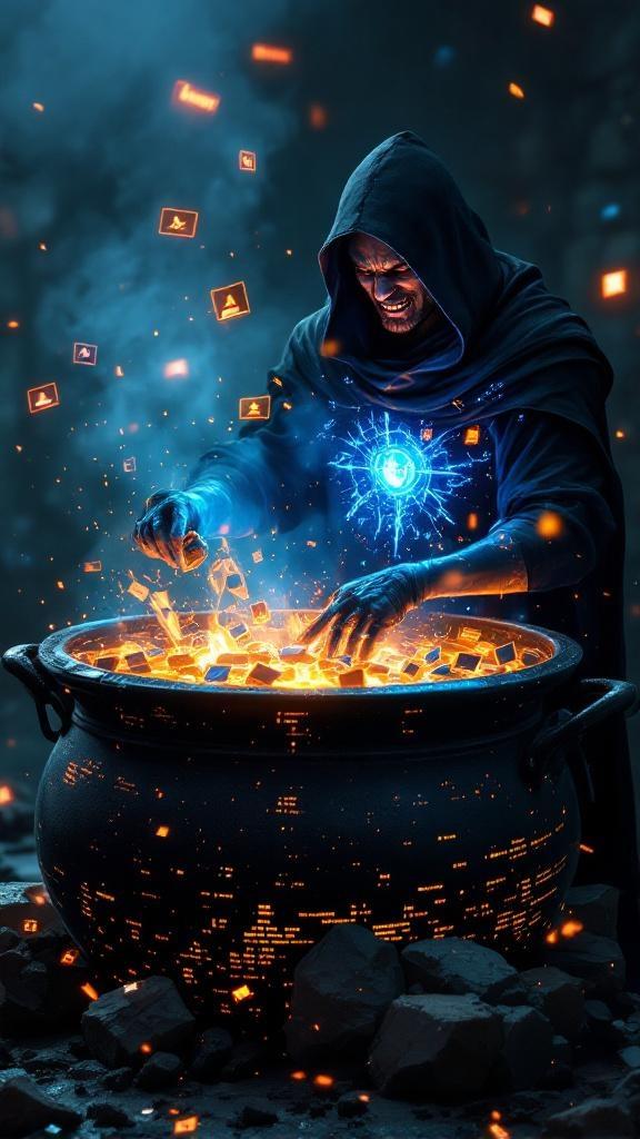"Show the hooded figure stirring a massive black cauldron filled with glowing, corrupted data stew. Bits of code, error messages, and tiny broken screens float like ingredients. The blue energy from his chest radiates into the cauldron, making the stew bubble violently with neon light. He grimaces with dark amusement, as if cooking the perfect recipe for roasting someone. Style: hyper-realistic, cinematic, gritty, with glowing steam forming words like ‘Buffering…’ above the cauldron."
