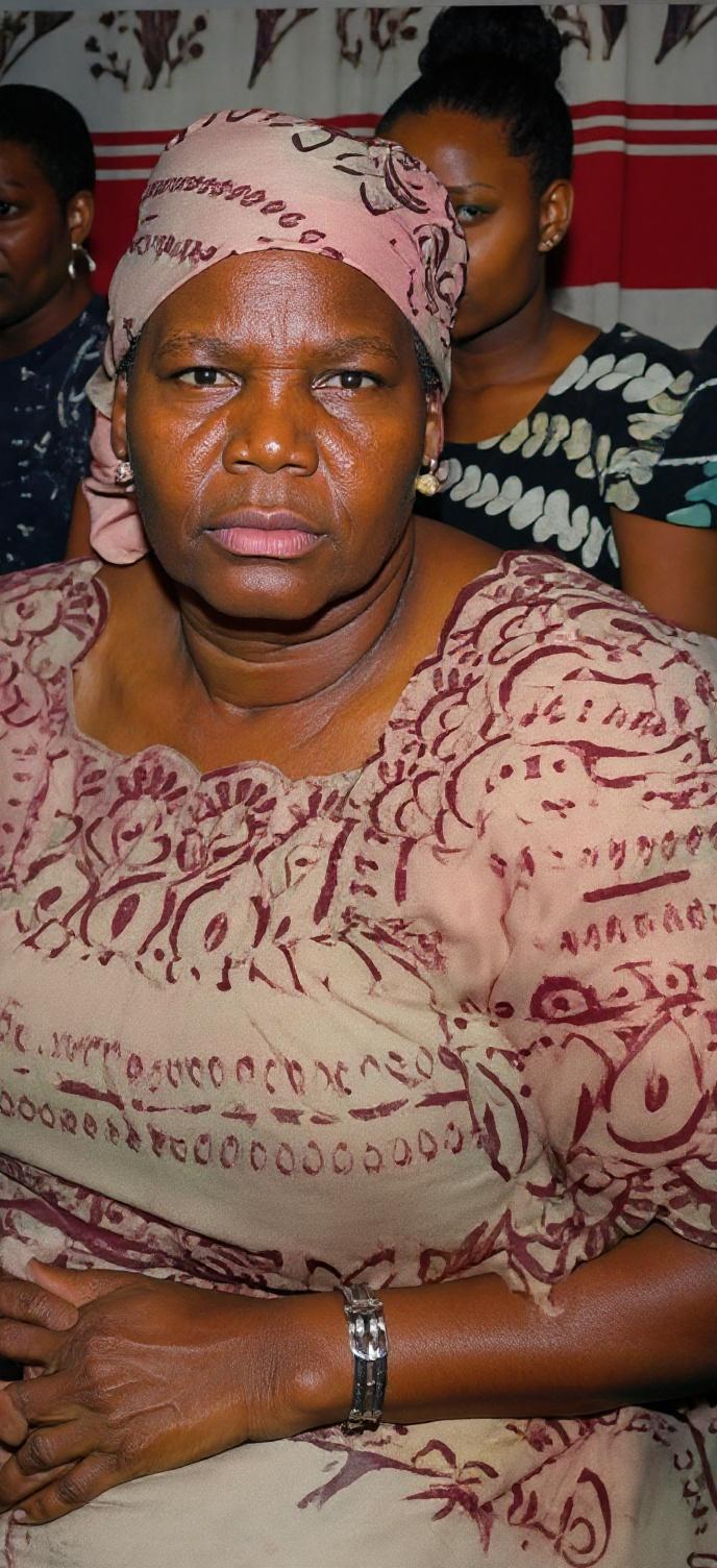 Enhance and restore a realistic portrait of an African woman wearing a colorful patterned headscarf. Improve clarity and remove all blurriness and stains from the original image. Remove the bright spots from the image, especially on the dress and the arm. Her face must be clean and smooth, with no facial hair, no mustache, no beard, no stubble. Redraw the right side of the image to complete her right arm and integrate it seamlessly into the environment, keeping the background and people consistent with the original style. Increase brightness and natural vividness to give the portrait a fresh, vibrant look, while maintaining realism and natural skin texture.