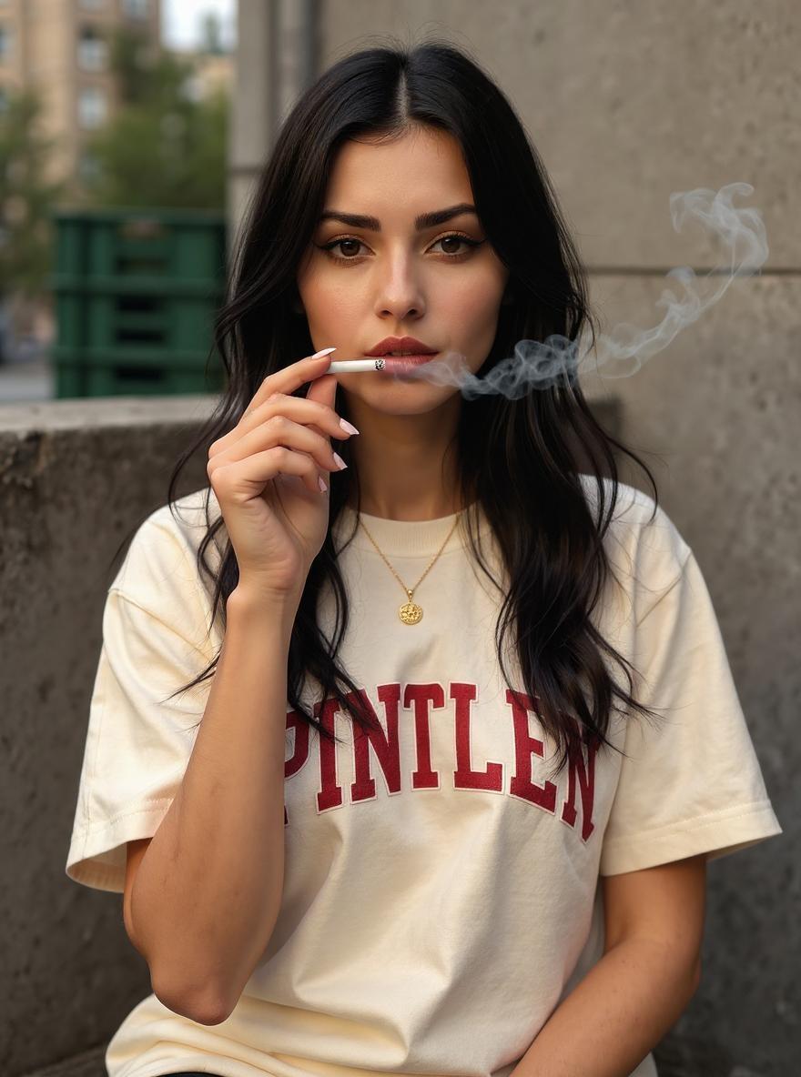 Camille est assise sur un balcon, légèrement penchée vers l’avant, le regard direct et assuré vers l’objectif. Sa silhouette élancée se détache en plan serré, vêtue d’un t-shirt oversize blanc cassé orné d’un imprimé rouge à l’allure universitaire. Une fine chaîne dorée avec un petit pendentif repose sur sa poitrine. Dans sa main droite, elle tient une cigarette allumée, portée près de ses lèvres, d’où s’élève un léger voile de fumée.

Son visage harmonieux aux traits doux est encadré par de longs cheveux bruns foncés aux reflets chauds, lisses et séparés par une raie subtilement décalée. Son maquillage est léger, naturel, mettant en valeur ses grands yeux en amande d’un marron profond et ses lèvres discrètement teintées d’un rouge à lèvre naturel délicat.

L’arrière-plan révèle la texture brute du béton, quelques caisses vertes empilées et un aperçu flou d’arbres et de bâtiments. La lumière naturelle, douce et légèrement chaude, vient de la gauche, caressant la peau claire légèrement hâlée de Camille et ajoutant un contraste subtil aux ombres.

L’ensemble dégage une atmosphère urbaine et intimiste, capturant un instantané spontané à la fois brut et élégant, où le réalisme de la scène est amplifié par la sobriété de la composition et la simplicité des couleurs.