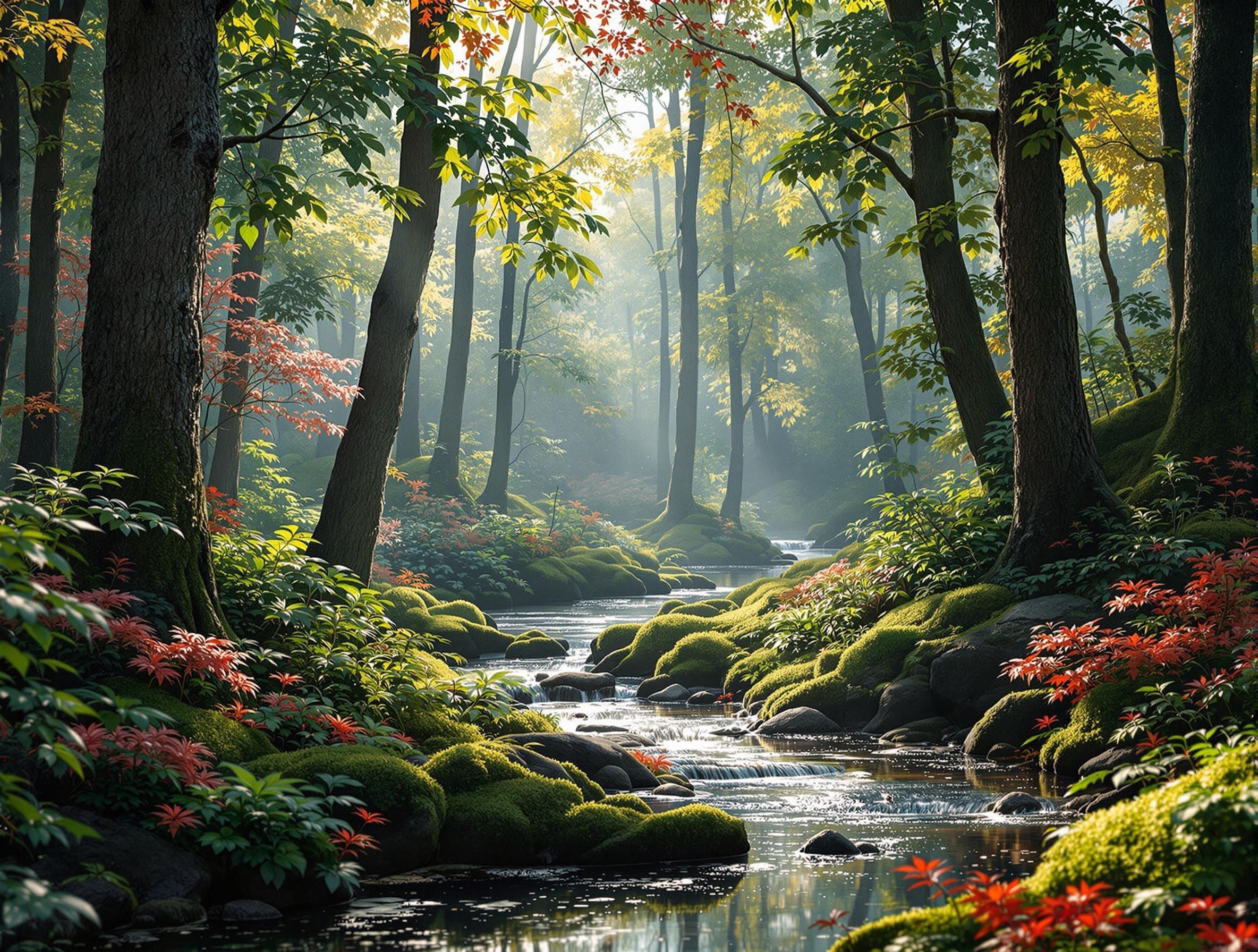 A hyper-realistic scene showcasing [insert key elements of the photo, like a  forest .] The composition is rich with intricate details and vibrant colors. Lighting is soft yet dynamic, casting subtle shadows and highlights. Textures are highly defined, such as [describe textures, e.g., rugged bark on trees, shimmering water]. The overall style is cinematic with a balanced mix of realism and artistic flair. The image is rendered in 4K resolution, emphasizing fine details and depth, while maintaining an ultra-clean and polished aesthetic.