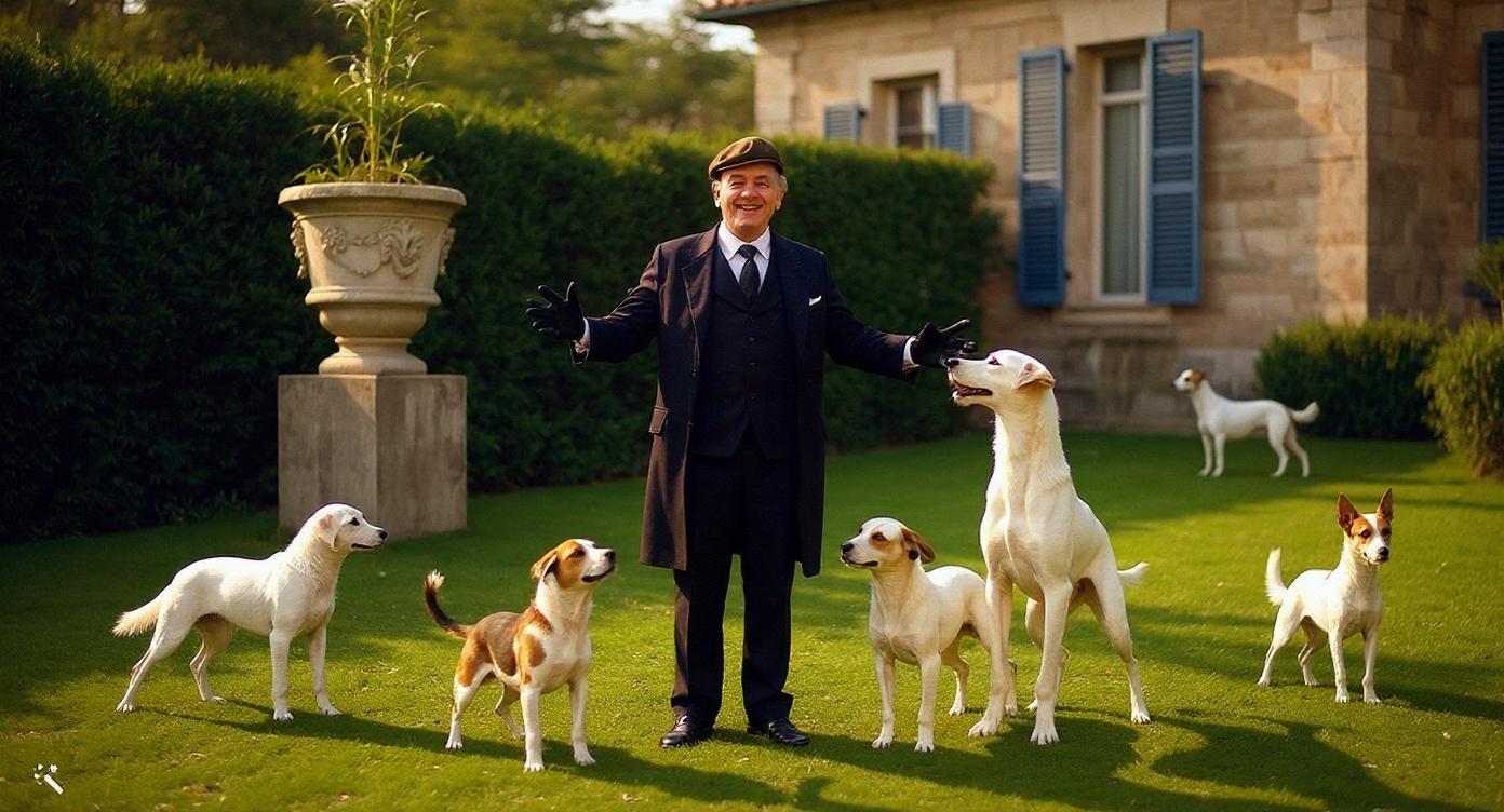 Early 1900s outdoor villa garden, cinematic hyperrealism.  
CENTER: Gabriele D’Annunzio stands on lush, well-kept green grass, body slightly angled left, wearing a dark formal overcoat, brown flat cap, black gloves, black shoes, and a white shirt with tie barely visible. His face is expressive with a light smile, arms extended outward at chest height as if greeting or addressing the dogs around him.

SURROUNDING DOGS:
- Front right: a tall, slender white dog with light brown patches stands upright, front paws resting gently on D’Annunzio’s chest, muzzle close to his face.
- Front center: a group of five medium-sized hunting dogs with white and brown coats, some looking up, others mid-jump toward him. Their fur is realistic, slightly tousled, with visible muscle definition.
- Far left foreground: a white and brown dog, facing D’Annunzio, tail up, mouth slightly open.
- Near the white and brown dog: a small black dog, short fur, standing still and watching.
- Right edge foreground: a small white dog with brown markings on head and rump, tail curled down, standing and looking toward D’Annunzio.
- Background left: a tall, lean white dog with brown markings, walking away into the distance.

ARCHITECTURE & GARDEN:
Behind D’Annunzio: two large, ornate classical stone urn planters, one on each side, carved with decorative garlands. They contain lush green plants — one with a tall palm frond cascading over the edge. Behind the planters: manicured hedges, dark green in tone, and the stone facade of the villa with blue shutters slightly open on a tall window to the right. Warm light from a late afternoon sun casts gentle shadows on the grass and walls.

LIGHTING & STYLE:
Soft golden hour sunlight, rich natural colors, subtle cinematic film grain, shallow depth of field (sharp on D’Annunzio and the dogs, background softly blurred). Photographed with an ARRI Alexa 65, 35mm lens equivalent, aspect ratio 16:9, ultra high resolution. Skin, fabric, and fur textures highly detailed and realistic.
