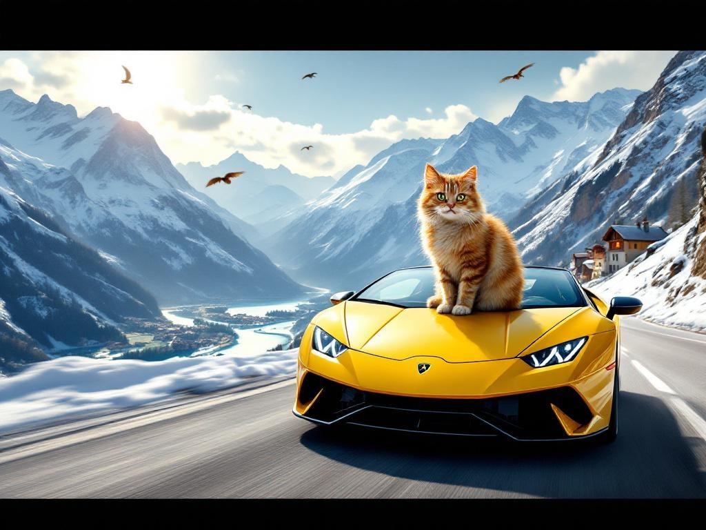 a-cat-is-sitting-on-the-hood-of-a-bright-a217m4y1f