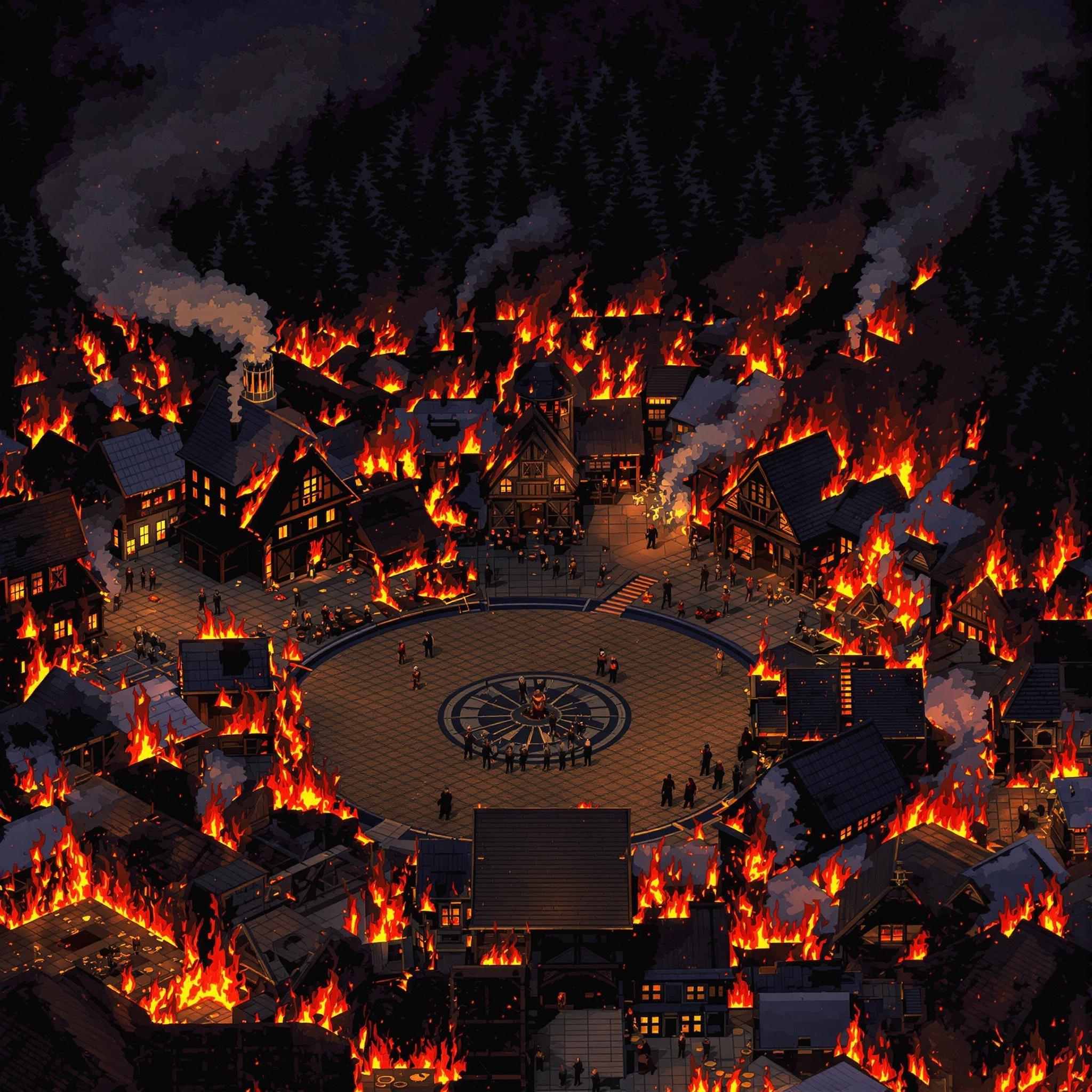 16-bit pixel art aerial view of burning medieval village from rooftop perspective, showing flames across wooden structures toward dark northern forest. Blazing houses and smoking buildings spread across tile-based composition. Central plaza surrounded by structures, transitioning to forest silhouette with dithering and limited palette. Dramatic nighttime fire lighting creates orange-red glow through pixel shading, with smoke columns using classic 16-bit style. Viking warriors in circle around plaza, building fires as distance markers. Composition balances foreground roof details with forest backdrop using layered pixel techniques, contrasting destruction with escape route through crisp pixels and retro aesthetics.