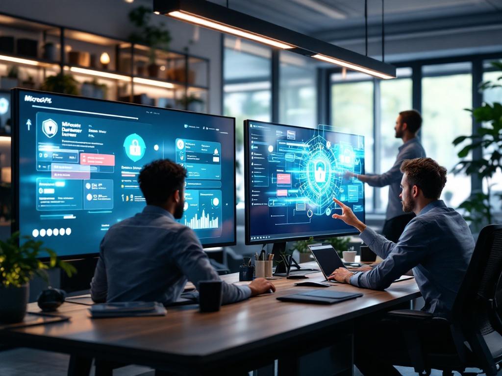 Create a realistic image of a modern office where IT professionals are securing Microsoft 365 environments. Show a cybersecurity specialist working on a laptop, configuring Microsoft Defender settings, while large monitors display holographic security interfaces with data protection metrics, threat alerts, and compliance dashboards. In the background, a colleague interacts with a floating holographic panel, adjusting data loss prevention (DLP) policies. The setting should feel professional and high-tech, with a blend of natural and cool-toned lighting, modern office furniture, and subtle holographic elements enhancing the futuristic security theme