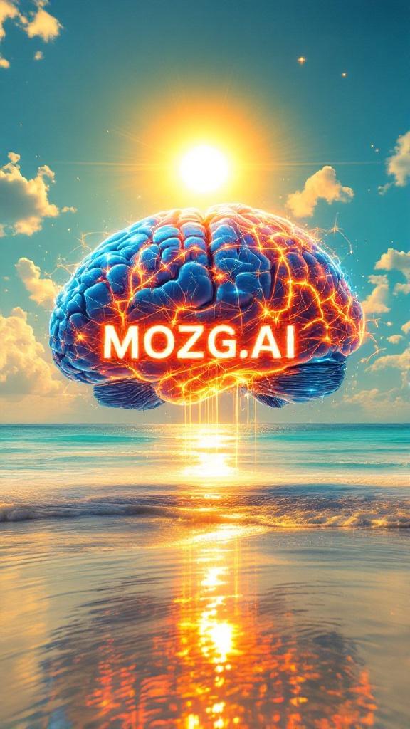 A massive, hyper-detailed brain floats in the air under the bright sun on a stunning tropical beach. Its surface shimmers with high-tech textures, glowing neural connections, and subtle electric currents running through its intricate folds. The sky is clear blue with a few wispy clouds, and the golden sun casts warm, vibrant light over the entire scene. The ocean sparkles with crystal-clear turquoise waves gently washing onto the soft, white sand.

The bold, futuristic text ‘MOZG.AI’ is the focal point, glowing brightly in the sunlight. It appears as a massive holographic projection, radiating energy and seamlessly interacting with the brain’s neural glow. The reflection of the text shimmers on the water’s surface, creating a mesmerizing, futuristic effect. The atmosphere is surreal yet uplifting, blending advanced AI technology with the breathtaking beauty of nature, making the entire image feel both powerful and visionary