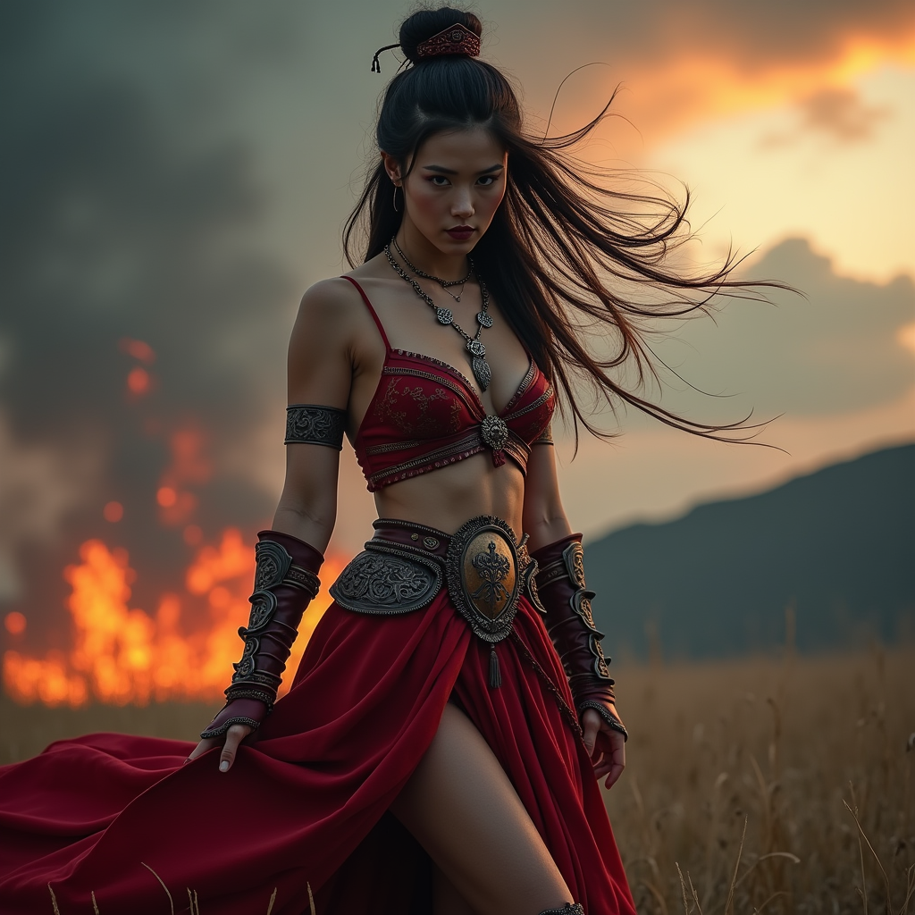Ultra hot Chinese female dresses exactly as Norse god of war kratos from God of war game in much more seducing way, nature is very dark and sky is having bits of fire.