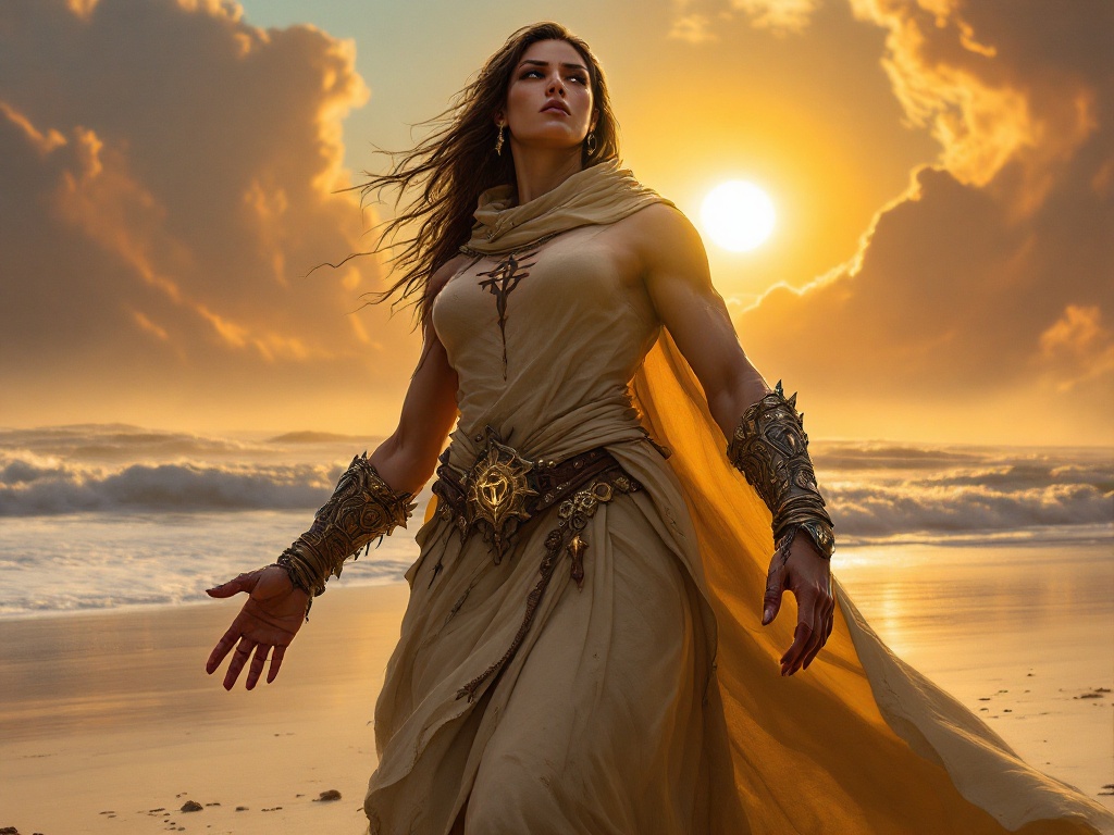 A female goliath with a very muscular tan frame, wearing a long beige habit with the holy symbol of Pelor, no additional armor, jeweled arms, with the sun rising over a large beach