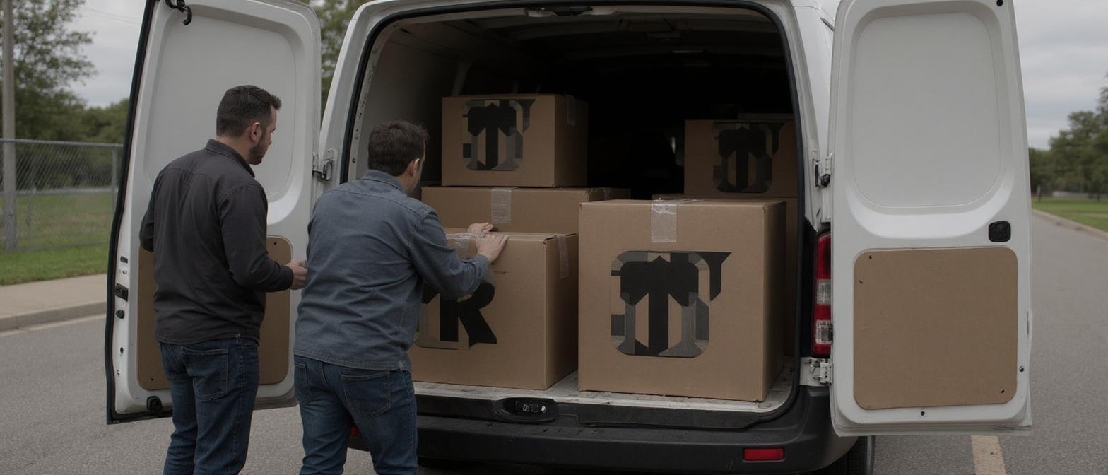 Zwei Arbeiter beladen einen Transporter mit Umzugskartons. Auf den Kartons ist auf jeweils einer Seite das beigefügte Logo mittig aufgedruckt, sodass es lesbar, aber nicht zu groß ist. 