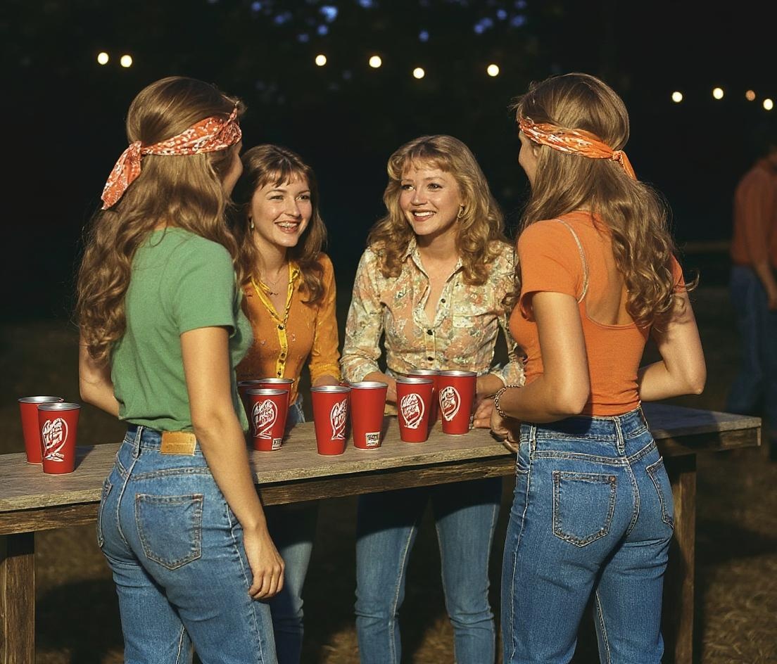 make these changes : colors look more like the 70s , the hair style like the 70s style , the girls upper boddies modest 