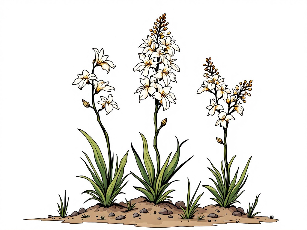 Flowers planted in the ground, White Egret Orchid, Platanthera hologlottis Maxim, White Fringed Orchid ,full body, cute 2D illustration, outlined cartoon, white background