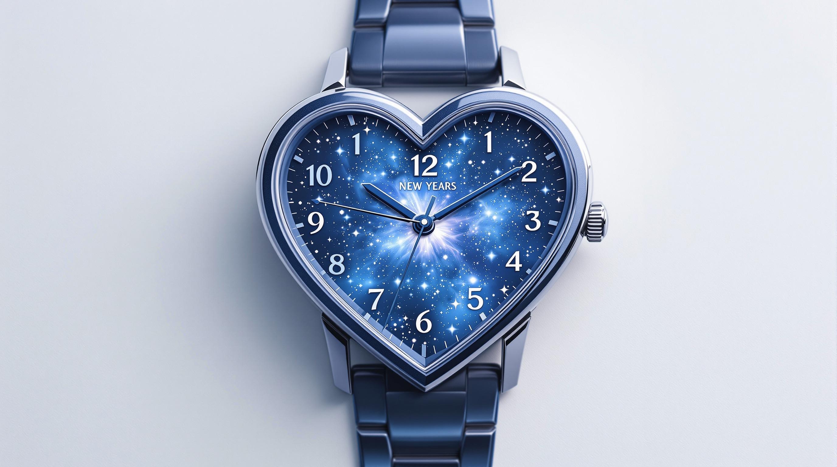 the heart-shaped dial in blue tones and New Year's style, the usual numbers on the dial are contrasting and correctly positioned, and the nebula