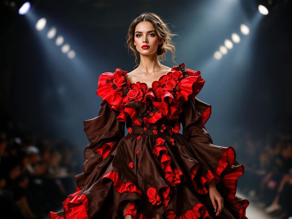 A statuesque model, radiating confidence, strides down Milan's Fashion Week runway; her ensemble, a breathtaking Schwarzwälder Kirschtorte-inspired creation, features cascading layers of rich, dark chocolate-brown silk, accented by vibrant cherry-red embroidery and voluminous faux whipped cream ruffles, illuminated by dramatic spotlights, evoking a sense of opulent decadence.  The scene is captured in a dynamic, painterly style, reminiscent of a Vogue editorial.
