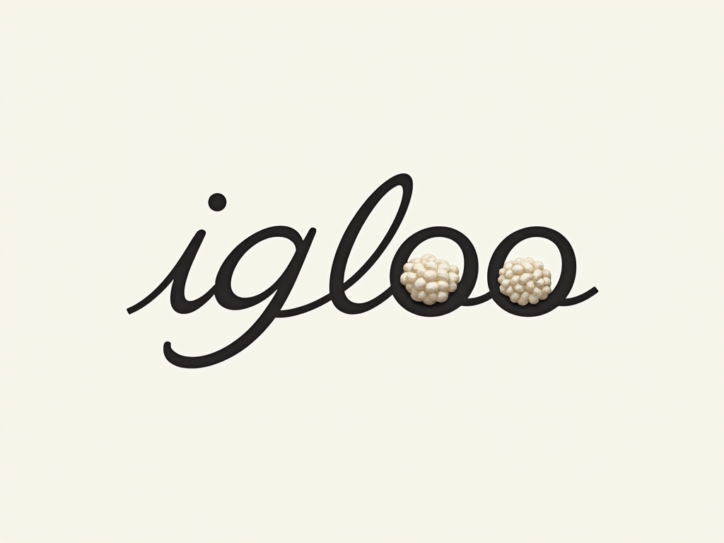 Design a minimalist logo featuring a textured woolen stub. The word "igloo" elegantly curves to the left in a sophisticated, flowing font