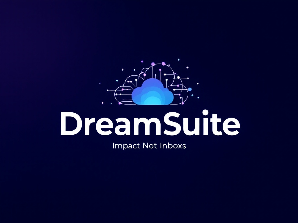 "professionel Logo design for DreamSuite, a visionary tech-forward brand, featuring a sleek, cloud-inspired icon with embedded tech lines and flowing nodes. The text 'DreamSuite' in bold sans-serif font, accompanied by the tagline 'Impact Not Inboxes.' The color scheme includes a gradient of blues and purples to symbolize trust, creativity, and seamless workflow automation. The composition is modern and minimalist, evoking a sense of clarity and innovation, with a mood of empowerment and inspiration."