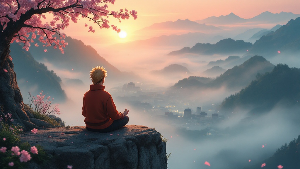 A breathtaking 4K anime wallpaper, echoing Makoto Shinkai and Studio Pierrot's styles, depicts Naruto in serene meditation atop a misty mountain cliff at dawn.  The Hidden Leaf Village nestles below, bathed in the orange-pink glow of a rising sun.  Delicate cherry blossoms dance in the gentle breeze, their petals scattering like pink confetti against a calm, misty morning.  Warm, soft lighting illuminates the scene, creating a peaceful, introspective atmosphere.  The cinematic composition, achieved with a 35mm lens, emphasizes depth of field, focusing on Naruto's tranquil visage.  The overall mood is one of quiet contemplation and inner peace, reflecting Naruto's journey and the enduring spirit of the Hidden Leaf.

